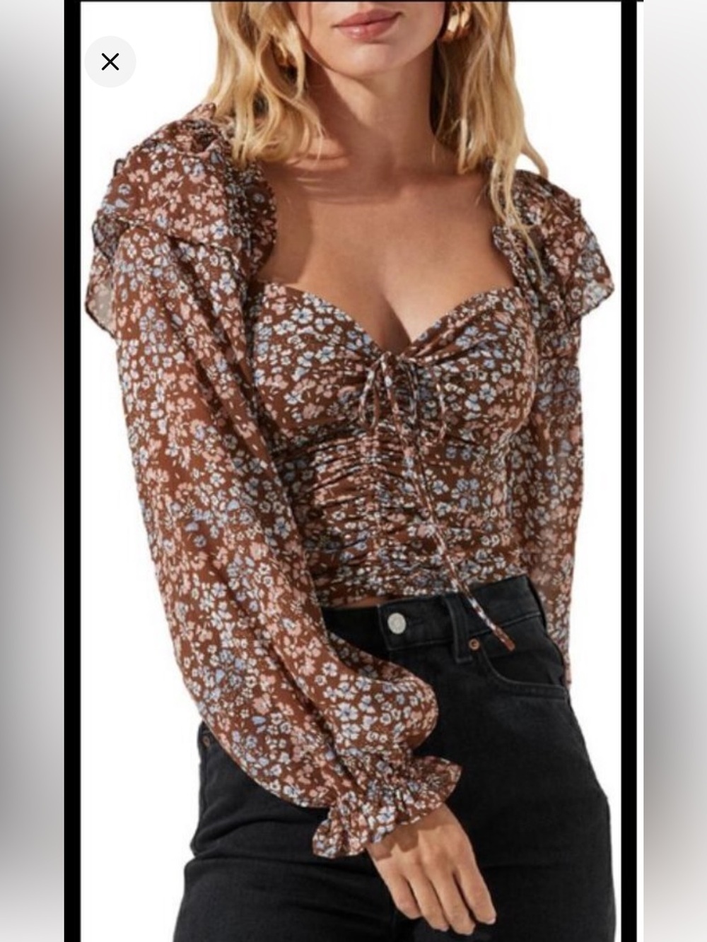 Astr Brown Floral Ruched Sweetheart Blouse